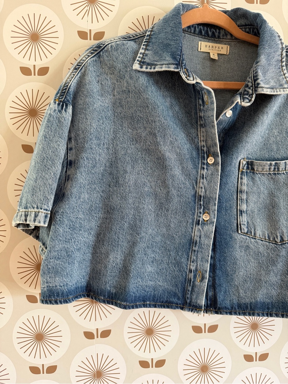 Francesca's Collections Cropped Denim Button-Down Shirt - Blue - Picture 3 of 4